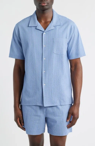 Daniel Buchler Pinstripe Seersucker Pajama Camp Shirt In Blue