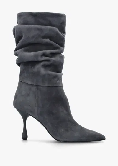Daniel Fointer Grey Suede Ruched Mid Calf Boots In Gray