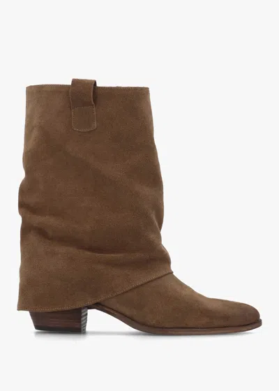 Daniel Gertie Taupe Suede Fold Over Stacked Heel Calf Boots In Brown