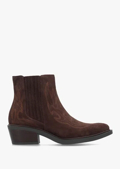 Daniel Ikes Brown Suede Embroidered Western Ankle Boots In Burgundy