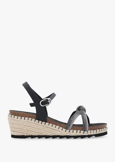 Daniel Iknot Diamante Knot Black Leather Low Wedge Sandals