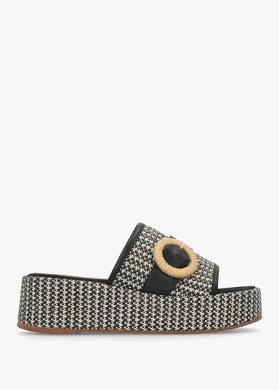 Daniel Jono Black Monogram Woven Raffia Flatform Mules