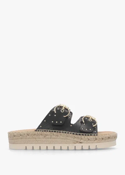 Daniel Jools Black Leather Studded Flatform Espadrille Mules