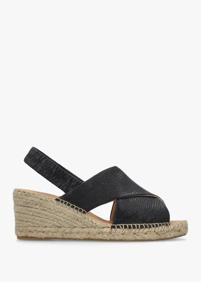 Daniel Jossy Black Leather Cross Strap Sling Back Wedge Espadrilles Si