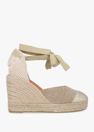 Daniel Kendall Beige Textile Gold Leather Toe Cap Wedge Espadrilles Si In Beige Fabric