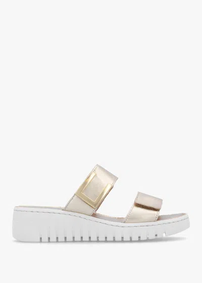 Daniel Lorli Gold Leather Two Strap Low Wedge Sandals In Nude