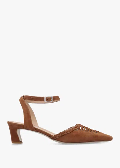 Daniel Nelia Tan Suede Plaited Cage Kitten Heel Ankle Strap Court Shoe In Brown