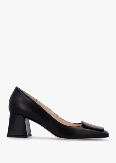 Daniel Nessie Black Leather Block Heel Court Shoes
