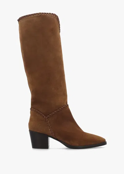 Daniel Nyla Tan Suede Whipstitched Stacked Heel Knee Boots In Brown
