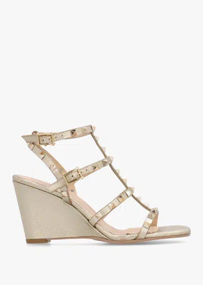 Daniel Pittedge Gold Leather Studded Wedge Sandals In Pink