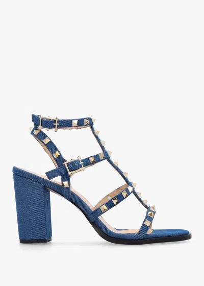 Daniel Pitter Denim Studded Block Heeled Sandals In Blue