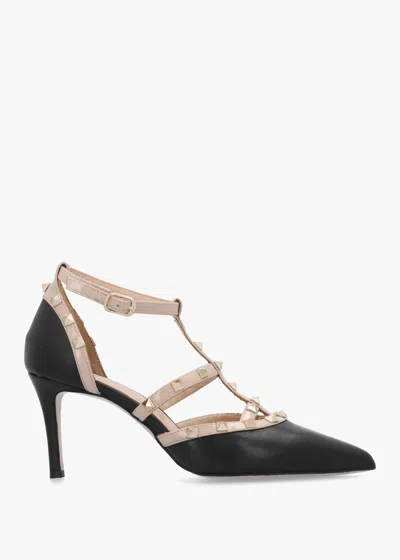 Daniel Poltiff Black & Beige Leather Studded T-bar Court Shoes