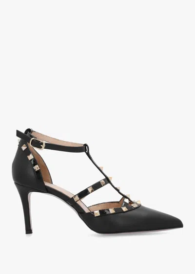 Daniel Poltiff Black Leather Studded T-bar Court Shoes