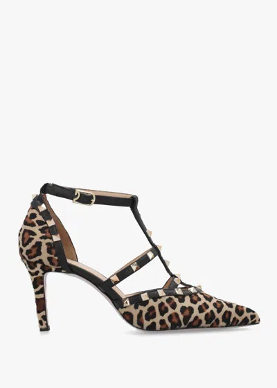 Daniel Poltiff Leopard Pony Hair Studded T-bar Court Shoes In Animal Print
