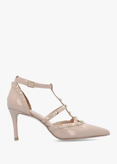Daniel Poltiff Nude Patent Leather Studded T-bar Court Shoes In Neutral