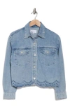 Daniel Rainn Embroidered Eyelet Scallop Crop Denim Jacket In Medium Blue Wash