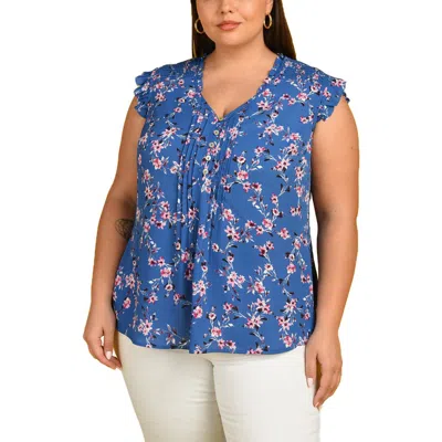 Daniel Rainn Floral Print Pintuck Top In Blue
