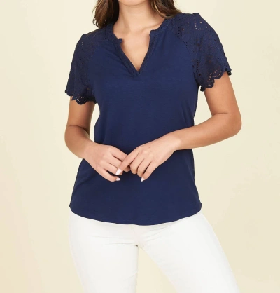 Daniel Rainn Paula Knit Top With Eyelet Embroidered Sleeves In Blue