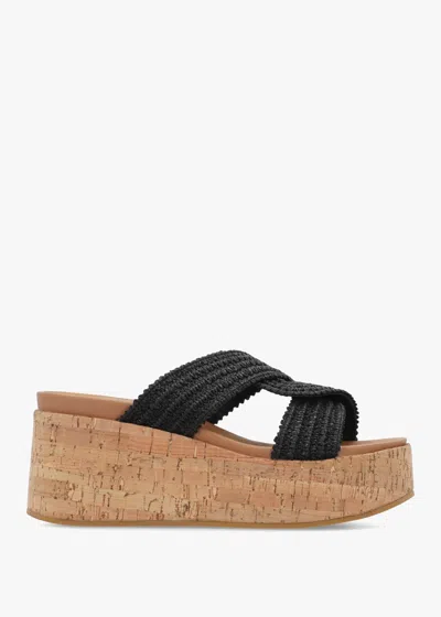 Daniel River Black Suede Woven Raffia Flatform Mules