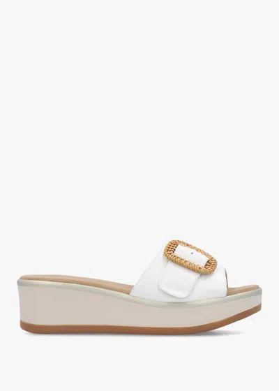 Daniel Rowhip White Leather Woven Buckle Flatform Mules