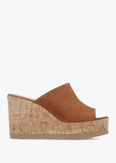 Daniel Sheli Tan Suede Cork Wedge Mules In Brown