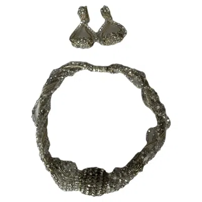Pre-owned Daniel Swarovski Silver Crystal Beaded Clip-on Earrings And Necklace Set By  In Multi