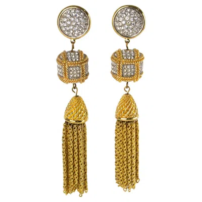 Pre-owned Daniel Swarovski Swan Mark Gilded Metal Jeweled Dangle Clip Earrings In Multi