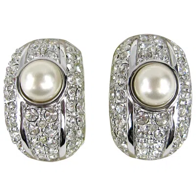 Pre-owned Daniel Swarovski Swarovski Bezel Crystal & Pearl Clip On Earrings New, Never Worn - 1980s In Gray