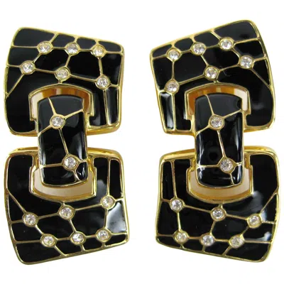 Pre-owned Daniel Swarovski Swarovski Bezel Crystal Black Enamel Earrings New, Never Worn 1980s