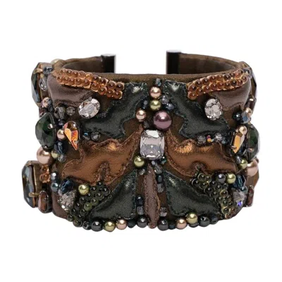 Pre-owned Daniel Swarovski Swarovski Leather Cuff Bracelet Embroidered With Beads In Multi