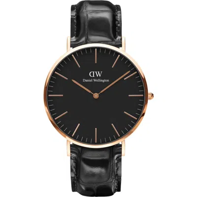 Daniel Wellington Classic Reading Croc Embossed Leather Strap Watch, 40mm In Black
