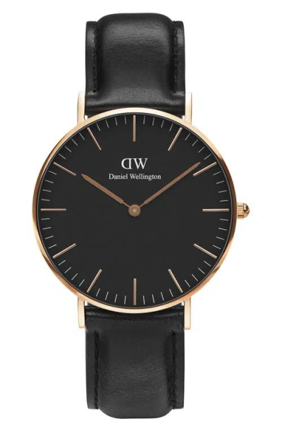 Daniel Wellington Classic Sheffield Leather Strap Watch, 36mm In Black/rose Gold