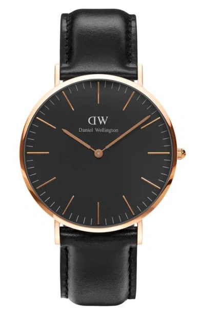 Daniel Wellington Classic Sheffield Leather Strap Watch, 40mm In Black/rose Gold