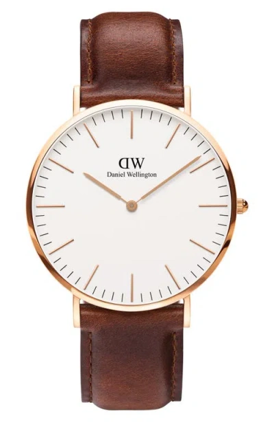 DANIEL WELLINGTON DANIEL WELLINGTON CLASSIC ST. MAWES LEATHER STRAP WATCH, 40MM