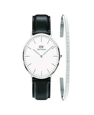 Daniel Wellington Unisex Analog Black Leather Watch Set, 40mm In Metallic