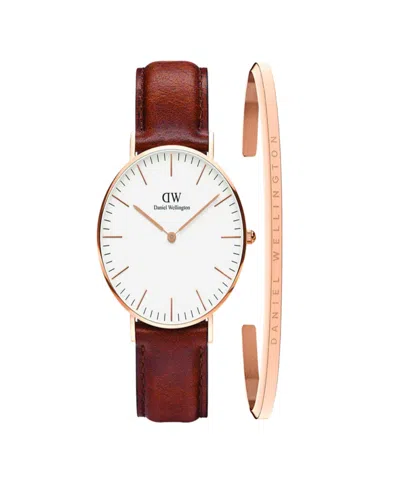 Daniel Wellington Unisex Analog Brown Leather Watch Set, 40mm In Gold