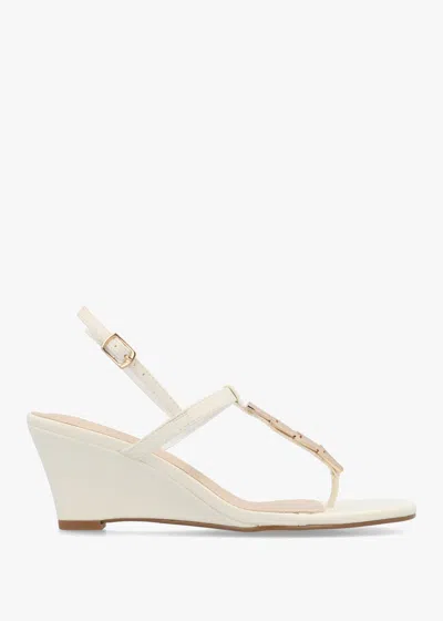Daniel Yoko Cream Gold Trim Toe Post Mid Wedge Sandals In Animal Print