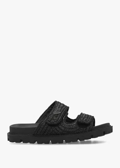 Daniel York Black Woven Straw Two Bar Chunky Mules