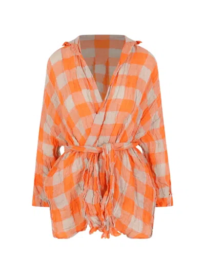 Daniela Gregis Check-pattern Belted Shirt In Orange