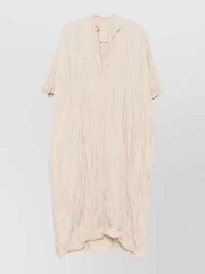 Daniela Gregis Cotton Dress Crinkled Texture Midi Length In Neutral