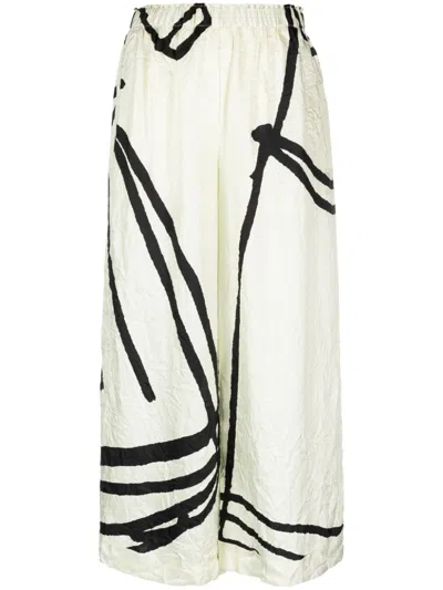 DANIELA GREGIS IVORY HIGH-WAISTED PRINTED SILK TROUSERS FOR WOMEN