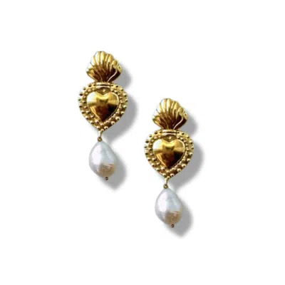 Daniela Janette Women's Gold Pearl Drop Sacred Heart Stud Earrings
