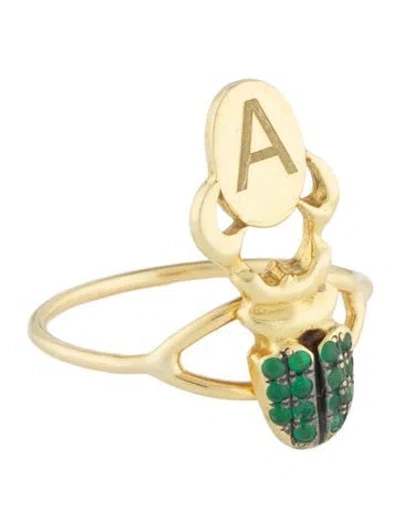 Pre-owned Daniela Villegas 18k Emerald Initial 'a' Khepri Beetle Ring In Multi