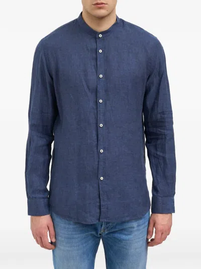 Daniele Alessandrini Linen Korean Collar Shirt In Blue