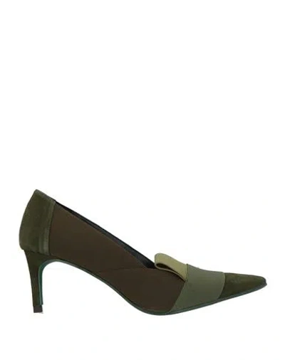Daniele Ancarani Woman Pumps Military Green Size 8 Leather, Textile Fibers In Multi