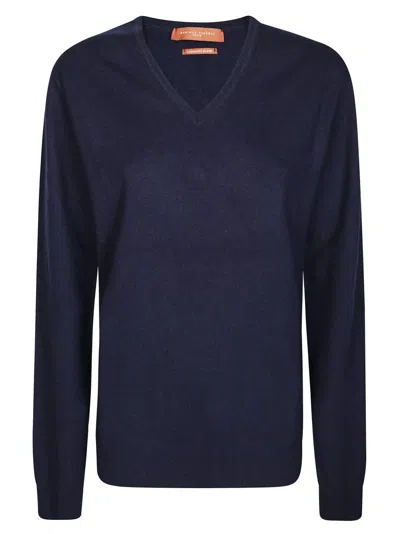 Daniele Fiesoli Deep Navy V-neck Sweater With Ribbed Hem And Cuffs In Blue