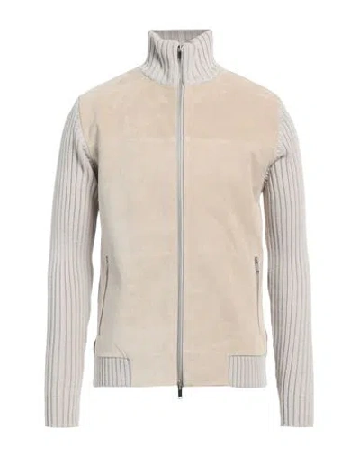 Daniele Fiesoli Man Cardigan Beige Size L Merino Wool, Polyacrylic, Leather