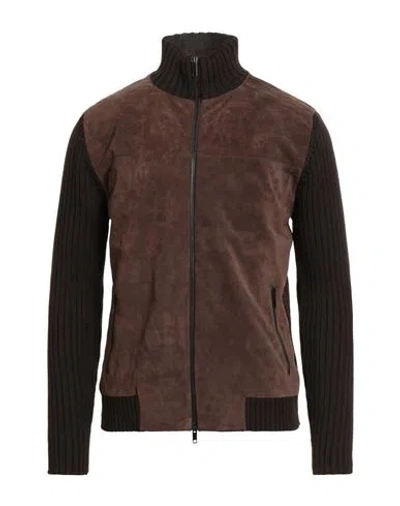 Daniele Fiesoli Man Cardigan Dark Brown Size Xl Merino Wool, Polyacrylic, Leather