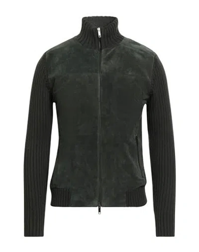 Daniele Fiesoli Man Cardigan Dark Green Size L Merino Wool, Polyacrylic, Leather