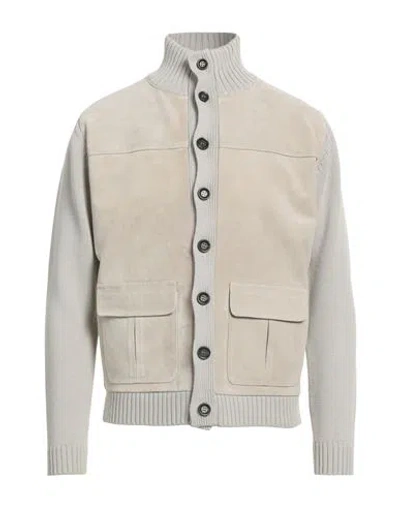 Daniele Fiesoli Man Jacket Light Grey Size L Merino Wool, Polyacrylic, Leather